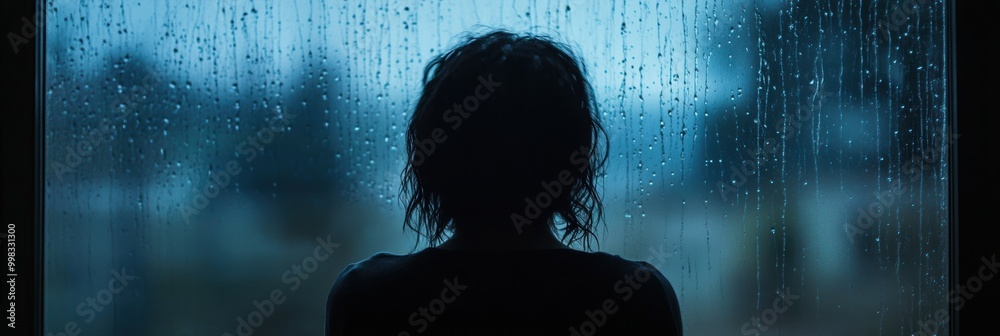 Aufkleber A lone figure stands by a rain-covered window, observing the outside world through drips of water, evoking feelings of solitude and reflection. Generative AI