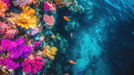 Aerial view of a coral reef in shallow sea waters, with vibrant colors and fish swimming near the ocean floor.