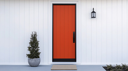 White minimalist entryway with a bold orange front door, black hardware, and a small neutral-colored welcome mat
