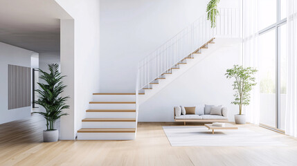White minimalist staircase with slim metal railings and natural wood steps, simple and functional design in an open-plan home