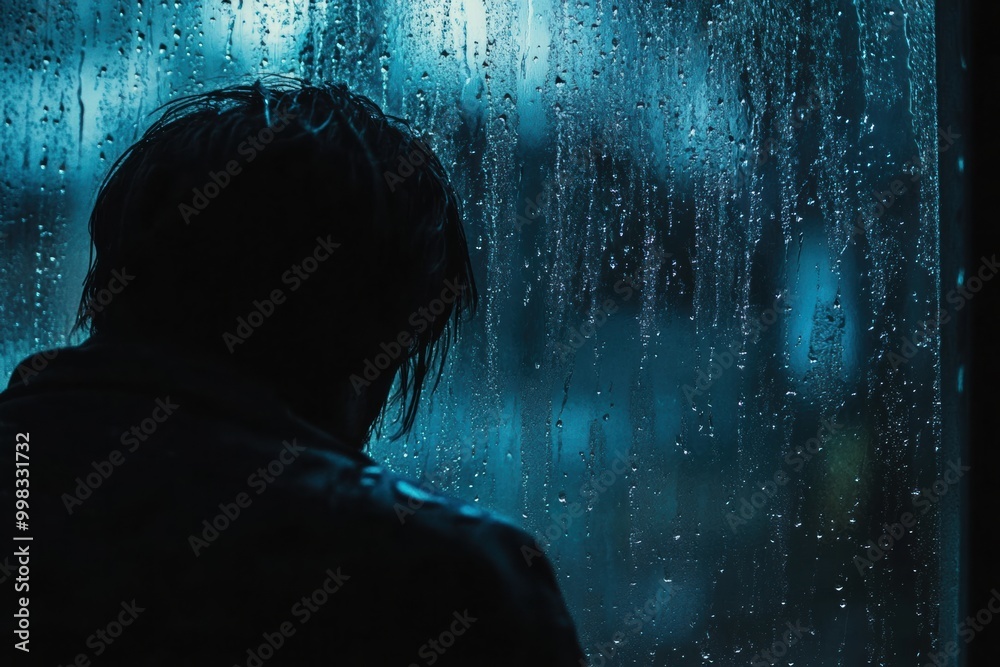 Poster a person stands quietly by a rain-covered window, gazing out with a reflective expression amidst a b