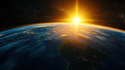 A breathtaking view of Earth from space during sunrise, showcasing vibrant colors and the curvature of the planet against the backdrop of the cosmos.