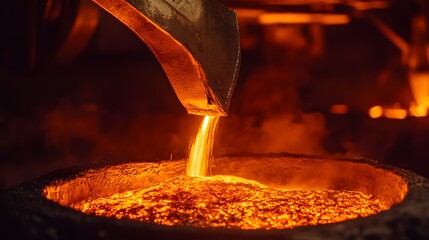 A dramatic scene in a foundry showing molten metal being poured into a mold, with fiery orange and red hues illuminating the industrial setting, emphasizing the dynamic metal casting process. 