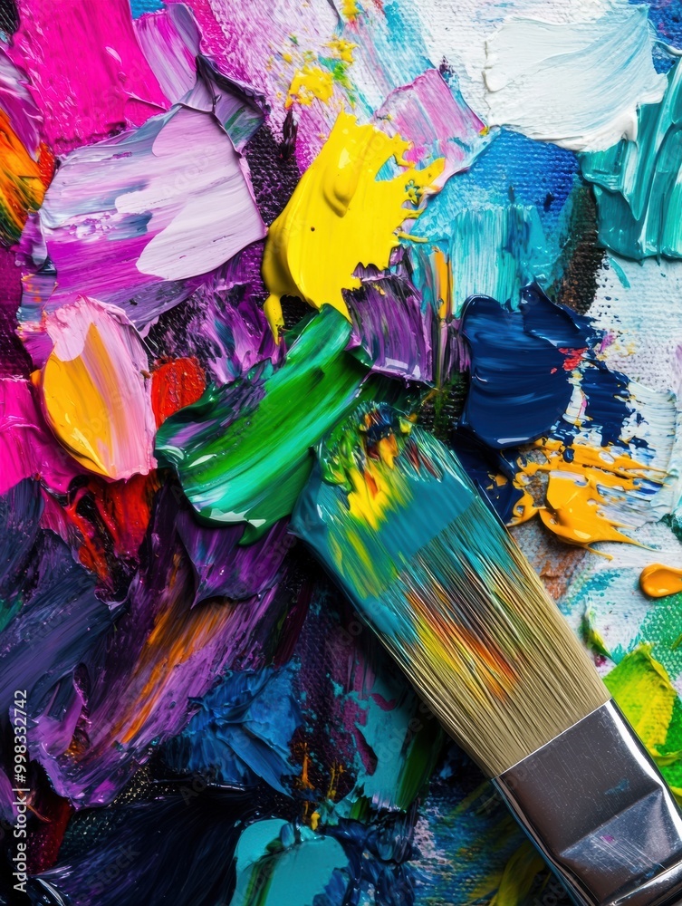Fototapete bright splashes of color adorn a palette, while a brush captures intricate abstract designs on the c