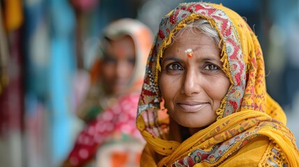 Fototapeta premium Captivating portrait of a woman in vibrant traditional attire smiling warmly at a bustling market in Rajasthan. Generative AI