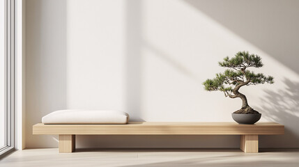 Zen-inspired minimalist space with a focus on balance and simplicity: a low wooden bench, a single cushion, and a small bonsai tree on a wooden stand