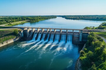 Aerial view of a stunning dam and its gates in full flow, where multiple streams converge into a large, calm river, surrounded by lush greenery. An empty bridge spans across the river