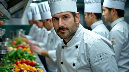 Experienced chef leading culinary team in professional kitchen setting