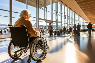 An elderly lady in a wheelchair being assisted by airport staff as she navigates through a modern airport terminal, characterized by large windows and bustling activity in the background. 