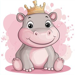 Naklejka premium A cute cartoon hippo wearing a crown, perfect for children's themes, illustrations, and playful designs.