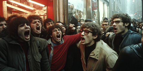 The Fury of the Mob: An angry mob, their faces contorted with rage, breaking down a storefront during a riot.