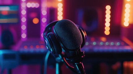 Studio Microphone with Headphones Under Neon Lights