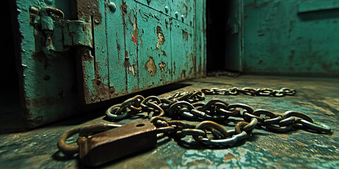 The Shackles of Oppression: Chains and padlocks scattered around a prison cell, serving as a cruel reminder of those who are held captive.