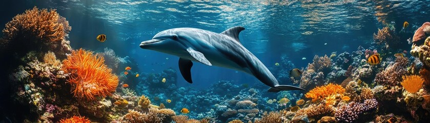 Obraz premium A mesmerizing dolphin ballet in vibrant coral reefs, showcasing playful interactions and colorful fish, underwater light filters