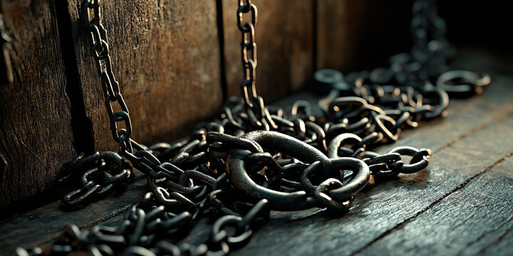 The Shackles of Oppression: Chains and padlocks scattered around a prison cell, serving as a cruel reminder of those who are held captive.