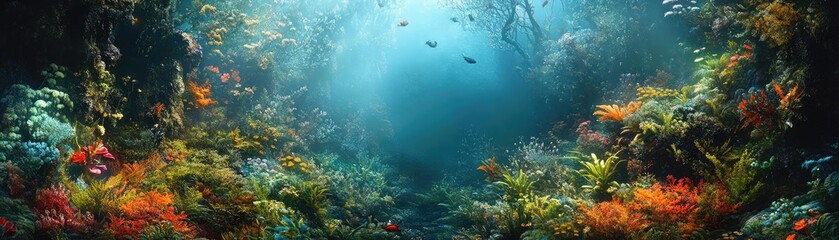 Aerial perspective of a dreamlike landscape, scientific wonders merge with enchanted realms, fantastical flora and fauna thriving