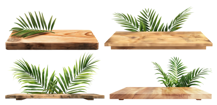Set of empty natural wooden shelves with green palm leaves, cut out