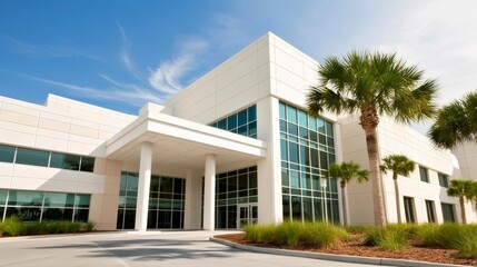 Modern commercial building with glass facade against a clear blue sky.