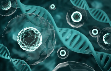 Research of stem cells. Stem cells with DNA structure under a microscope. Cellular Therapy. 3d-rendering © ecrow