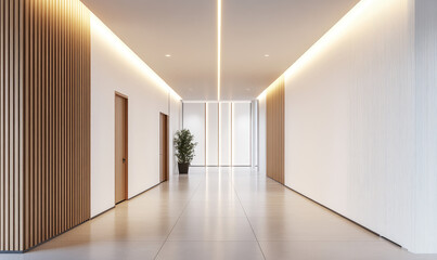 Obraz premium Modern office interior design, with wooden paneling on the walls, white walls with lines, an entrance to an open space in the background. Created with Ai