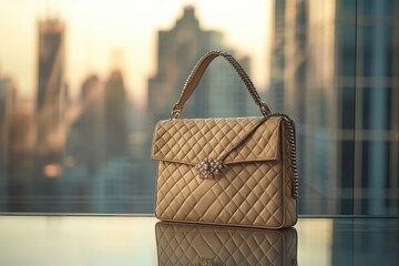 A stylish quilted handbag displayed against a city skyline at sunset.