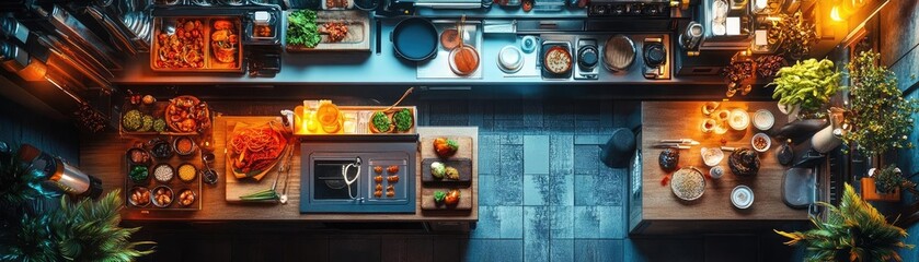 Aerial view of a futuristic kitchen, high-tech gadgets blending with colorful dishes, macro photography highlights textures, vibrant colors create a feast for the eyes