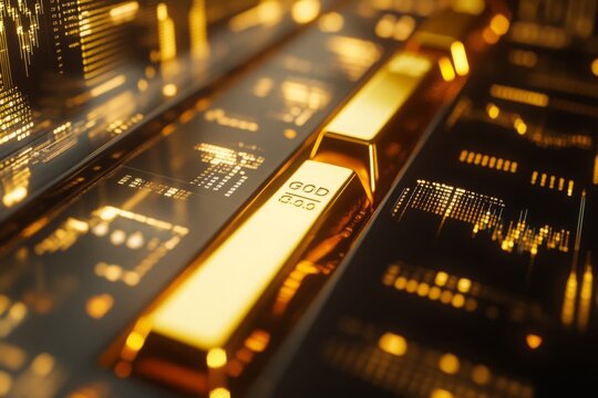 A shiny 3D gold bar prominently displayed against a backdrop of trading screens showcasing gold price fluctuations, illuminated by soft ambient light. The global financial market setting features cand