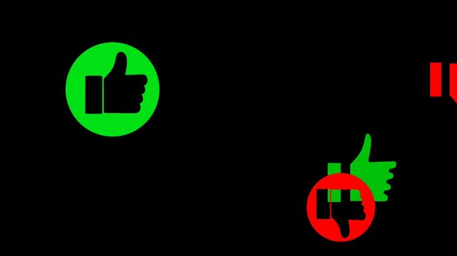 Animation of thumbs up and thumbs down symbols flying around. concept of likes and dislikes