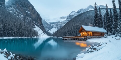A beautiful lake with a cabin in the background. The cabin is surrounded by snow and pine trees. The lake is calm and serene, reflecting the peaceful atmosphere of the scene