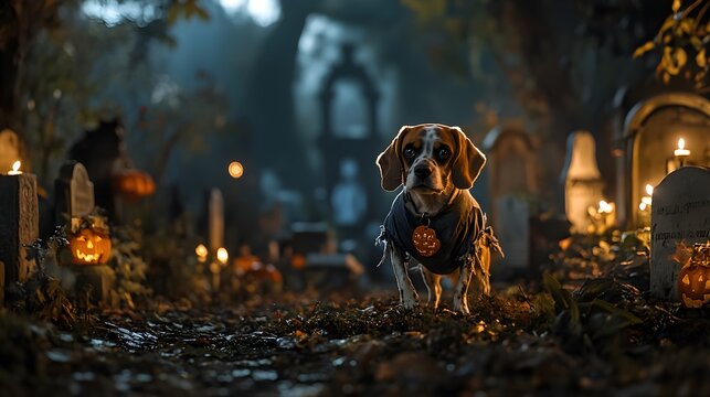 A charming scene of a beagle in a tattered zombie outfit, wandering among old graves and ghostly decorations in a dimly lit graveyard, evoking a delightful mix of fright and fun for the Halloween 