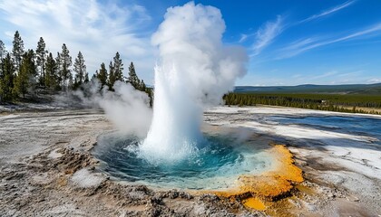 Geyser erupting with steam, showcasing vibrant colors and natural beauty.
