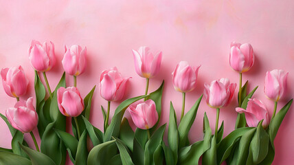 Fototapeta premium Beautiful pink tulip flowers on a pastel-colored background with the copy space for text