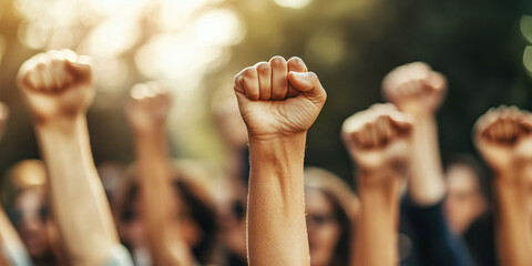 The Unyielding Strength of Resilience: A group of people standing together, their fists raised in defiance.
