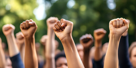 The Unyielding Strength of Resilience: A group of people standing together, their fists raised in defiance.