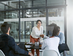 Handshake, business people or meeting with agreement, cooperation or partnership in office....