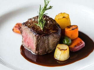 Beef recipe featuring a gourmet dish, plated beautifully with vegetables and sauce