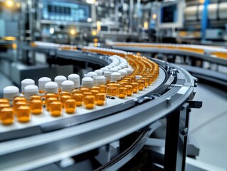 Tablets and pills on production line in medical factory, sharp focus and soft shadows