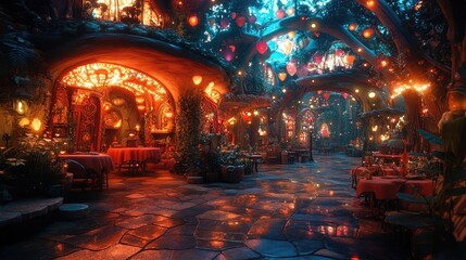 Obraz premium Eye-level shot of a vibrant fantasy world, whimsical culinary creations illuminated by magical lights, enchanting atmosphere, vivid colors