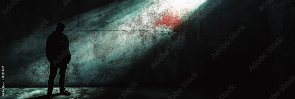 Aufkleber In a dimly lit room, a solitary figure casts a long shadow under a striking spotlight, creating an atmosphere of fear and suspense. Generative AI