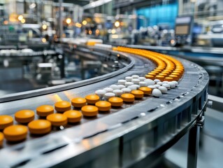 Obraz premium Tablets and pills on production line in medical factory, sharp focus and soft shadows