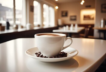 Obraz premium A white ceramic cup filled with freshly brewed coffee, surrounded by coffee beans on a white saucer