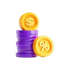 This image features colorful stacked coins, one with a dollar symbol and another with a percentage symbol, showcasing monetary concepts.