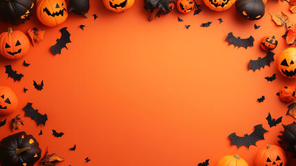Halloween background with a frame made of spooky decorations on orange paper