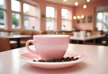Fototapeta premium A white ceramic cup filled with freshly brewed coffee, surrounded by coffee beans on a white saucer