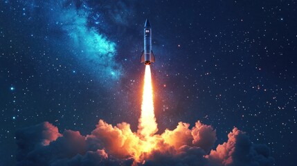 Space Rocket Launch into the Starry Night