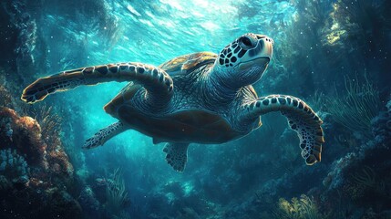 Fototapeta premium Frontal view of a sea turtle gracefully navigating through a kelp forest, enchanting bioluminescent plants lighting the ocean depths