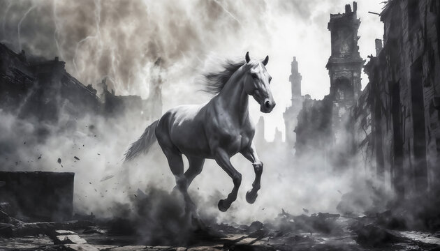 Splendide cheval blanc qui galope dans les d&eacute;combres d'une cit&eacute; d&eacute;truite, fum&eacute;es, sombre, brouillard magnifique