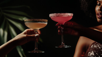 Female hands holding sexy lux cocktails cheers celebration girlsnight friendship nightlife party toast elegance mixology luxury bar trendy stylish sophisticated festive