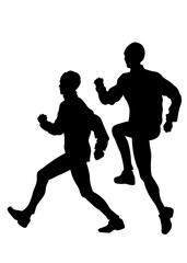 Young athletes run a marathon. Isolated silhouettes on white background