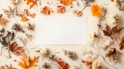 An autumn-inspired composition features a blank sheet of paper amidst dried flowers and leaves, arranged on a soft beige background. This evocative image captures the essence of the fall season